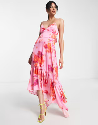 Topshop blurred floral asymmetric midi slip dress in pink | ASOS (Global)