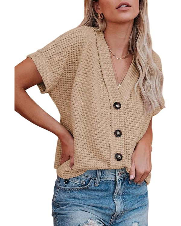 Dokotoo Womens Summer Tops 2025 Waffle Knit Button Down Shirts Casual V Neck Short Sleeve Shacket... | Amazon (US)