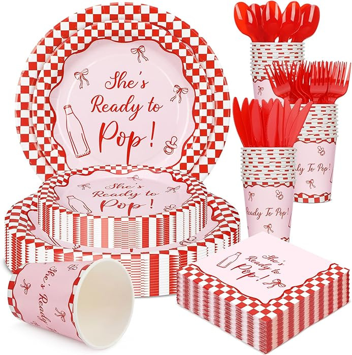 Hushee 175 Pcs She's Ready to Pop Baby Shower Decorations Baby Shower Plates and Napkins Red and ... | Amazon (US)