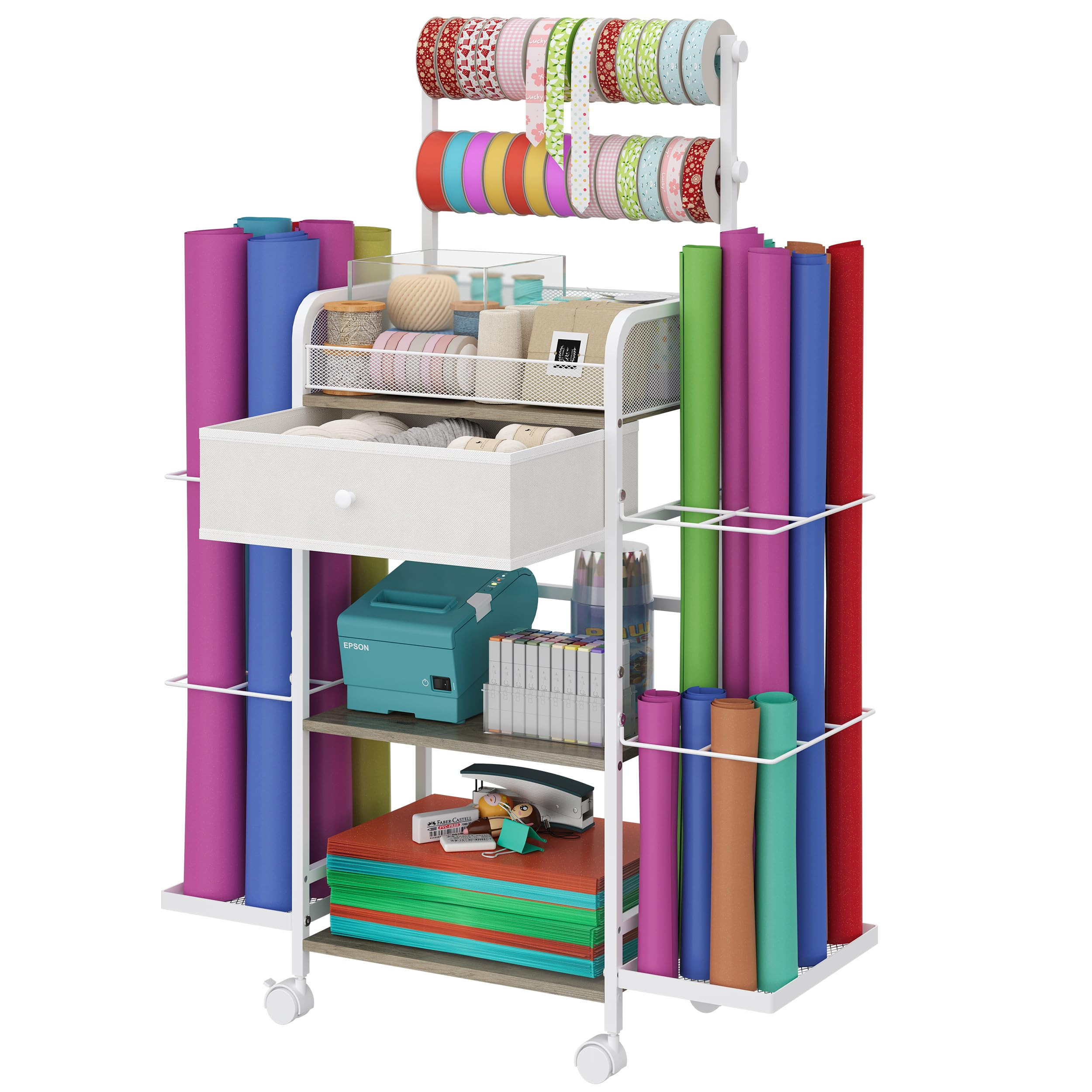 Rolling Craft Cart with Wrapping Paper Stoarge & Fabric Drawer, Washi Tape Holder, Vinyl Roll Rac... | Amazon (US)