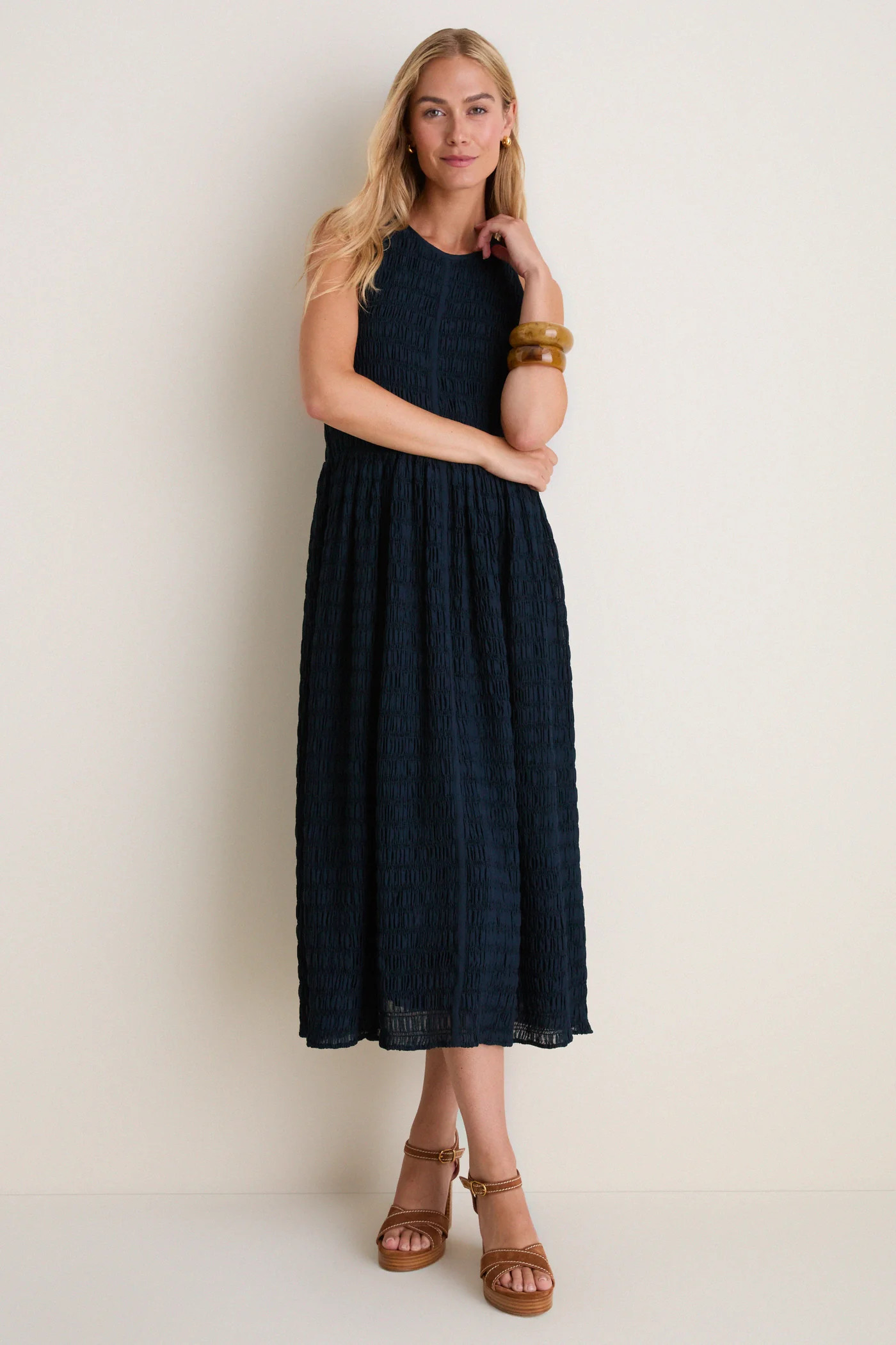 Navy Smocked Chiffon Vanetta Midi Dress | Tuckernuck (US)