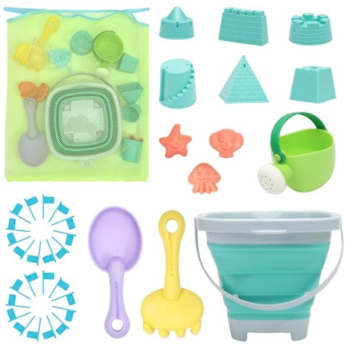 RACPNEL Beach Toys Sand Set for Kids, Collapsible Bucket and Shovels with Mesh Bag, Molds, Flags, Sandbox Kids Toddlers, Travel (Tavel Size) | Amazon (US)