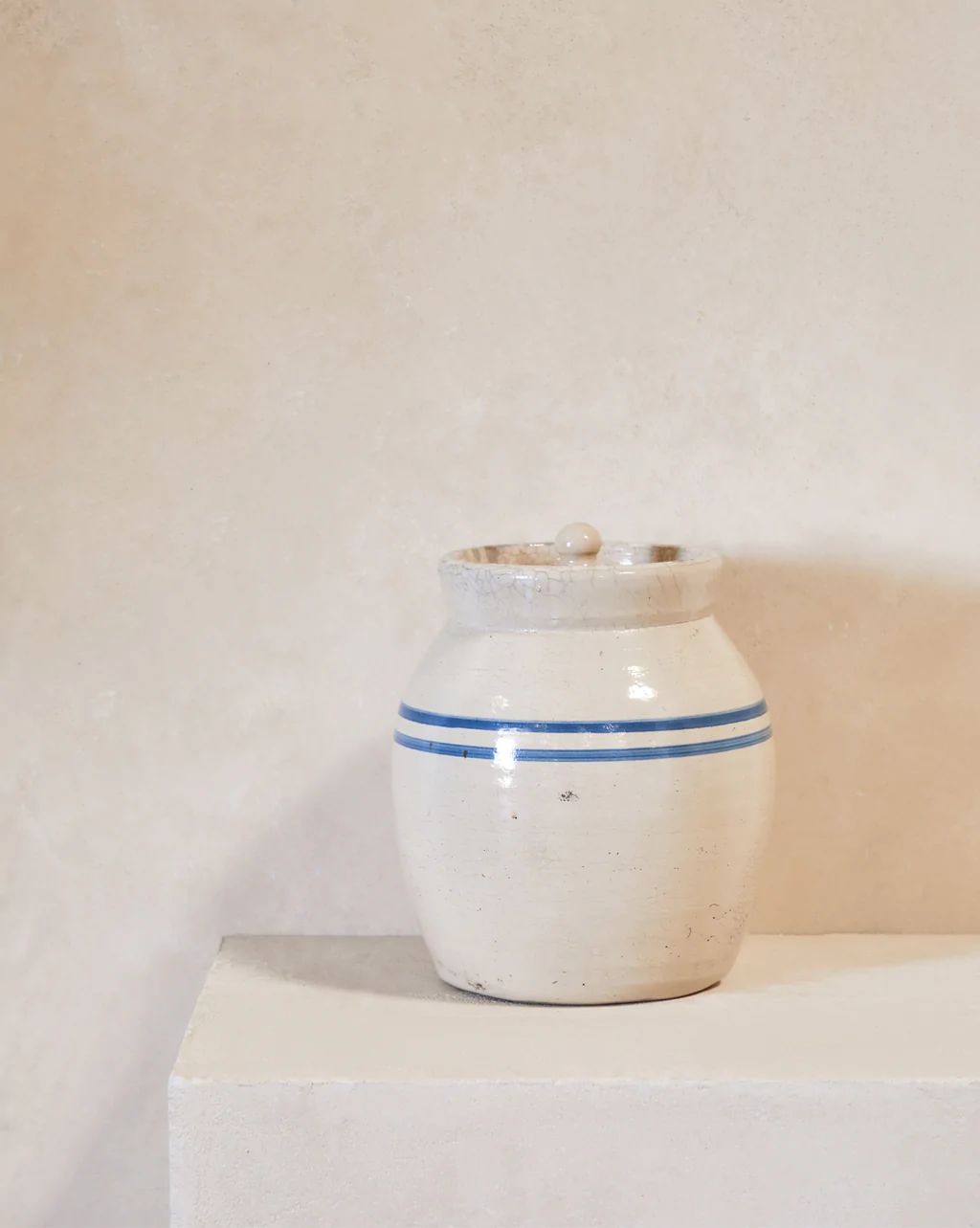Vintage White Lidded Jar with Blue Stripes | McGee & Co.