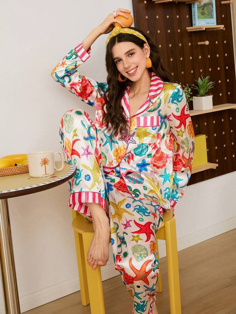 Chillnights Young Fashion Bird, Plant, Floral, Pineapple Print Lapel Cardigan Women Pajama Set, Fall & Winter Clothes | SHEIN