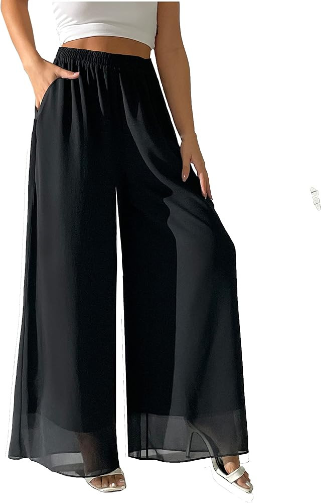 heipeiwa Women's Chiffon Dress Beach Wide Leg Palazzo Pants Elastic Waist Trouser | Amazon (US)