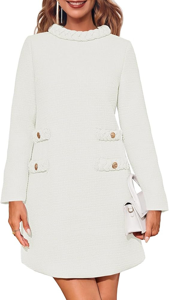 Wenrine Womens Long Sleeve Tweed Dress Work Office Elegant Textured Classy Casual Formal Shift Mi... | Amazon (US)