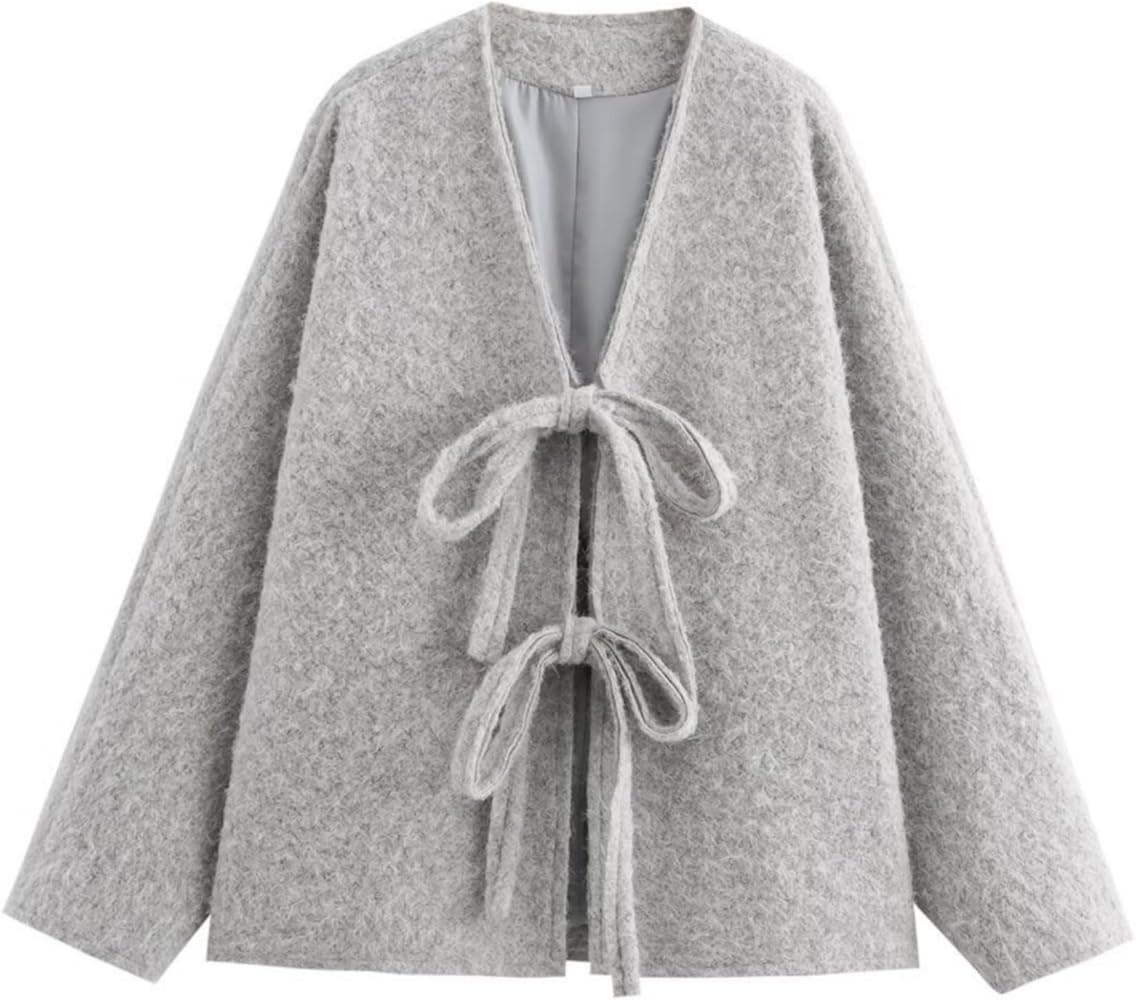 Perbai Women's Tie Front Bow Cardigan Jacket Fuzzy Wool Blend Long Sleeve Batwing Oversized Winte... | Amazon (US)