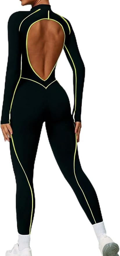 AEEZO Womens Sexy Blackless Long Sleeve Padded Workout Jumpsuit Contrast Stitch Yoga Rompers Zip ... | Amazon (US)