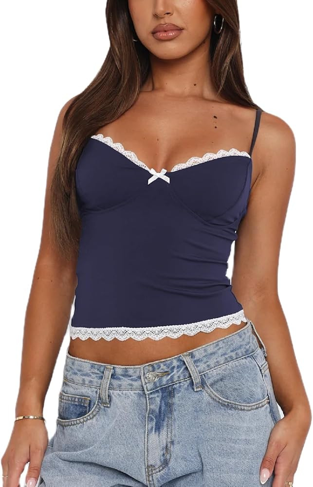 Y2k Lace Cami Tank Tops for Women Sexy Lace Trim Spaghetti Strap Camisole Backless Summer Going O... | Amazon (US)