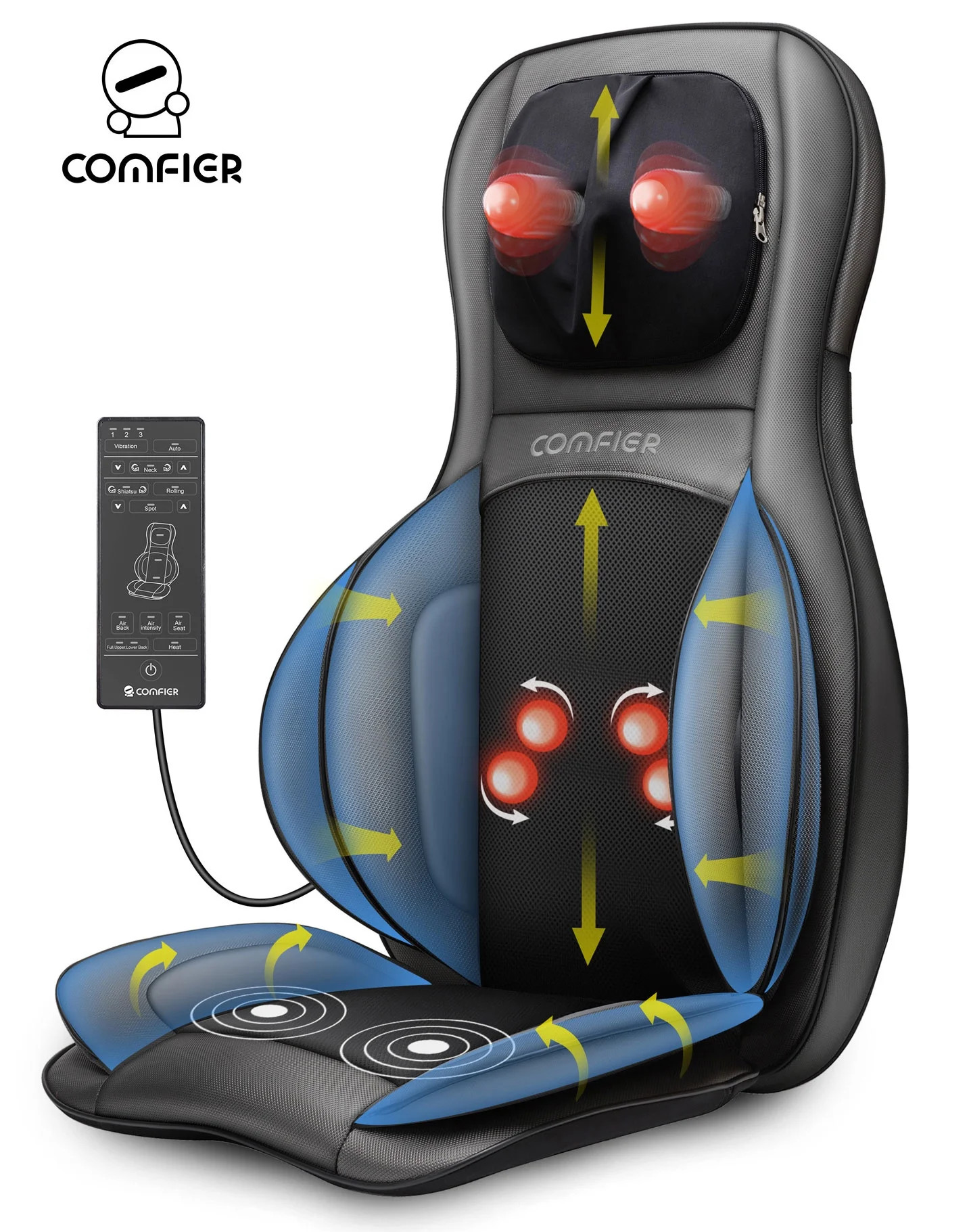 Comfier Shiatsu Neck Back Massager, 2D/3D Kneading Massage Chair Pad, Heating Compression Seat Cu... | Walmart (US)