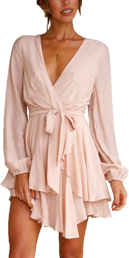 deqiang Women Casual Dress Flowy Bohemian Tshirt Wrap Dress Tie Waist Shift Mini Dress Tunic | Amazon (US)