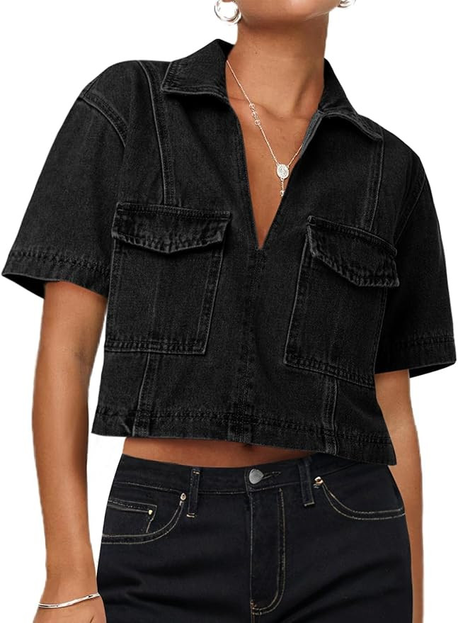 Cicy Bell Womens V Neck Denim Crop Tops Summer Y2k Going Out Jean Shirts Loose Fit Short Sleeve C... | Amazon (US)