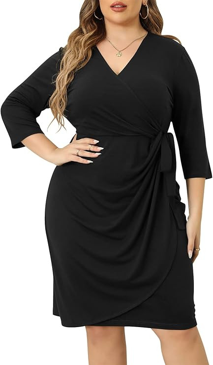 Nemidor Womens Plus Size 3/4 Sleeve Ruched Wrap Dress Casual Pleated Bodycon Midi Work Dress NEM3... | Amazon (US)