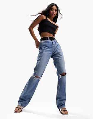 ASOS DESIGN 90s straight jeans in mid blue with knee rips | ASOS (Global)