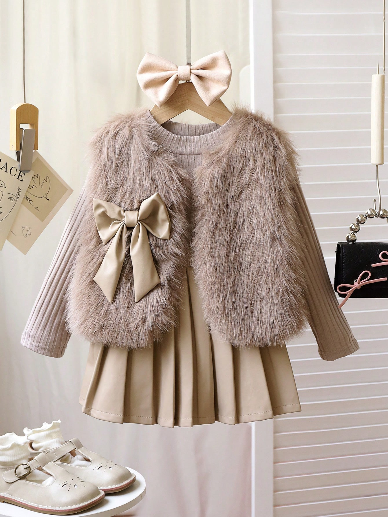 Young Girl 3pcs Fashionable Wool Vest Coat, Long Sleeve Knit Top And Half-Body Leather Skirt Set,... | SHEIN