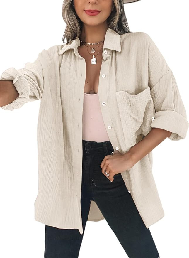 Dokotoo Womens Color Block Button Down Shirts Long Sleeve Oversized Boyfriend Blouses Tops | Amazon (US)