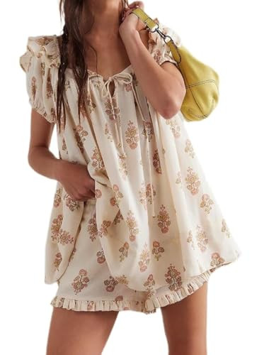 Women Floral Babydoll Tops 2 Piece Lounge Sets Square Neck Puffy Short Sleeves Peplum Shirt and Shorts Pajams Suits | Amazon (US)