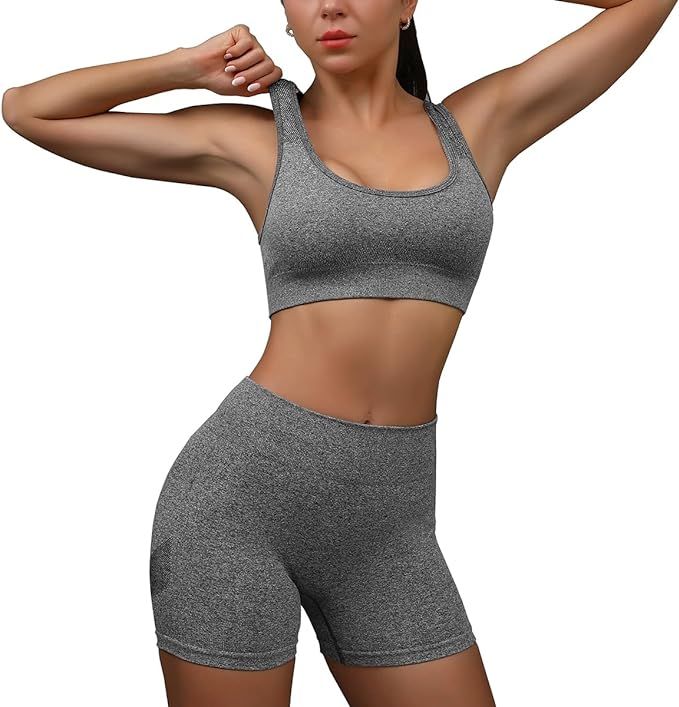 Workout Outfits for Women 2 Piece Ribbed Seamless Crop Tank High Waist Yoga Outfit | Amazon (US)