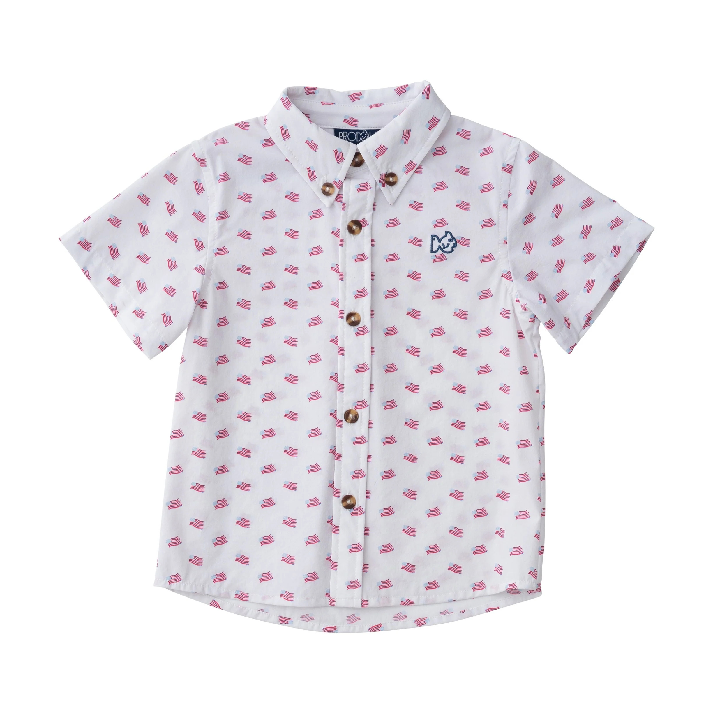 Boys' Short Sleeve Fishing Shirt in American Flag Print on White | PRODOH