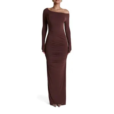 Naked Wardrobe Ruched Off the Shoulder Long Sleeve Maxi Dress in Charcoal at Nordstrom, Size Medium | Nordstrom