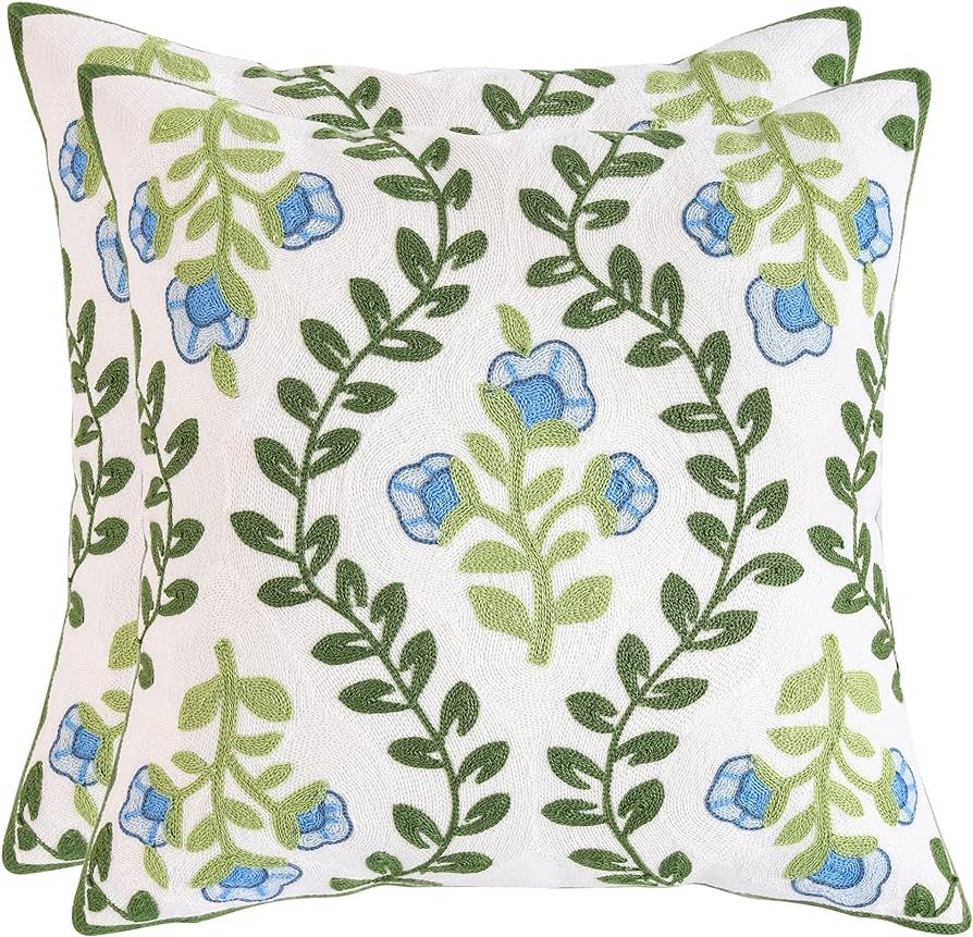 Tosleo Decorative Pillowcases 18x18 inch Pack of 2 Green Vine Blue Flowers Embroidered Throw Pill... | Amazon (US)