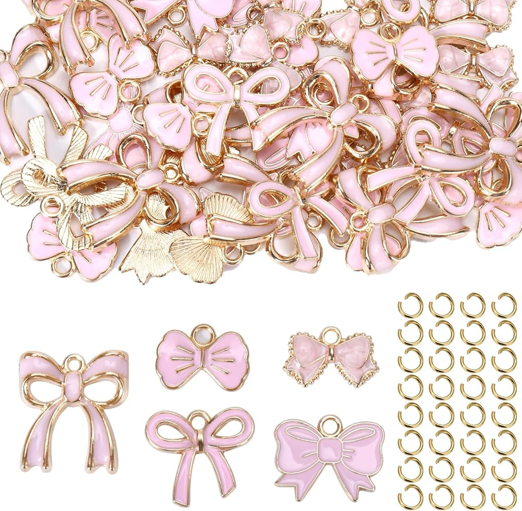 50 Pcs Pink Bow Charms for Jewelry Making - Cute Bowknot Charms Alloy Enamel Bow Tie Pendants Cha... | Amazon (US)