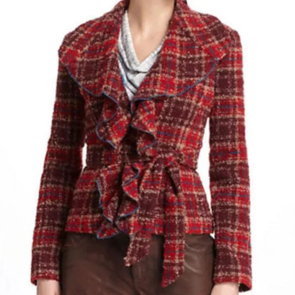 Anthropologie Jacket 10 TABITHA MORETOWN Coat Plaid Boucle Ruffles Belt NWT | Poshmark