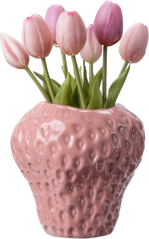 Navaris Strawberry Vase - Funky Ceramic Vase in Pink - Decorative Bookshelf Vases for Flowers - U... | Amazon (US)