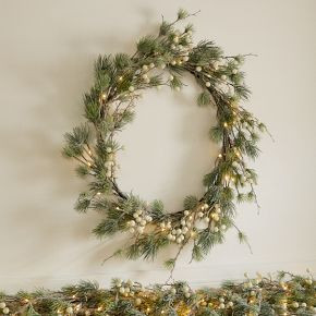Pre-Lit Faux Pine and Frosted White Berry Wreath | West Elm (US)