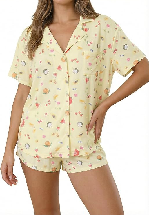Womens 2 Piece Cute Fruit Pajamas Floral Pjs Button Down Short Sleeve and Shorts Set Y2K Summer L... | Amazon (US)