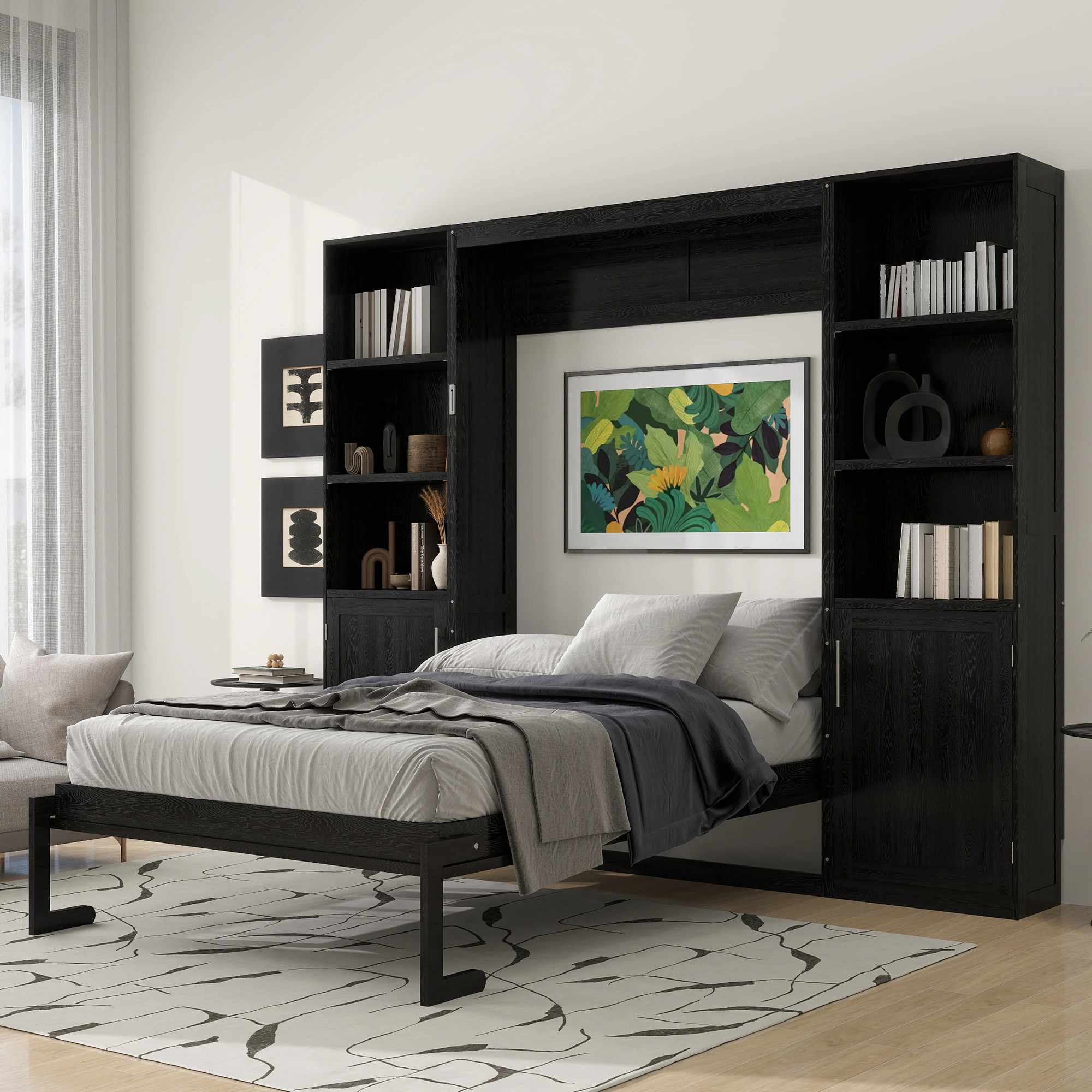 GDFStudio Queen Size Wooden Murphy Bed with Storage Shelves Cabinets in Black Sleek Wall Bed with Ample Storage one_size | 372122 | Lowe's