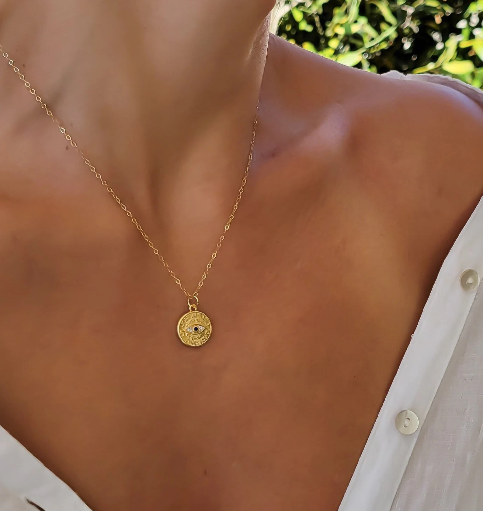 Gold Filled Evil Eye Charm Necklace. Dainty Gold Minimalist Evil Eye Coin Necklace. Evil Eye Meda... | Etsy (US)