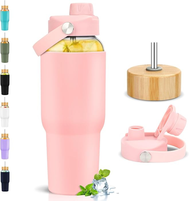 PROBTTL 40 oz Glass Tumbler with Handle - Sports Clear Borosilicate Glass Water Bottle with Straw... | Amazon (US)