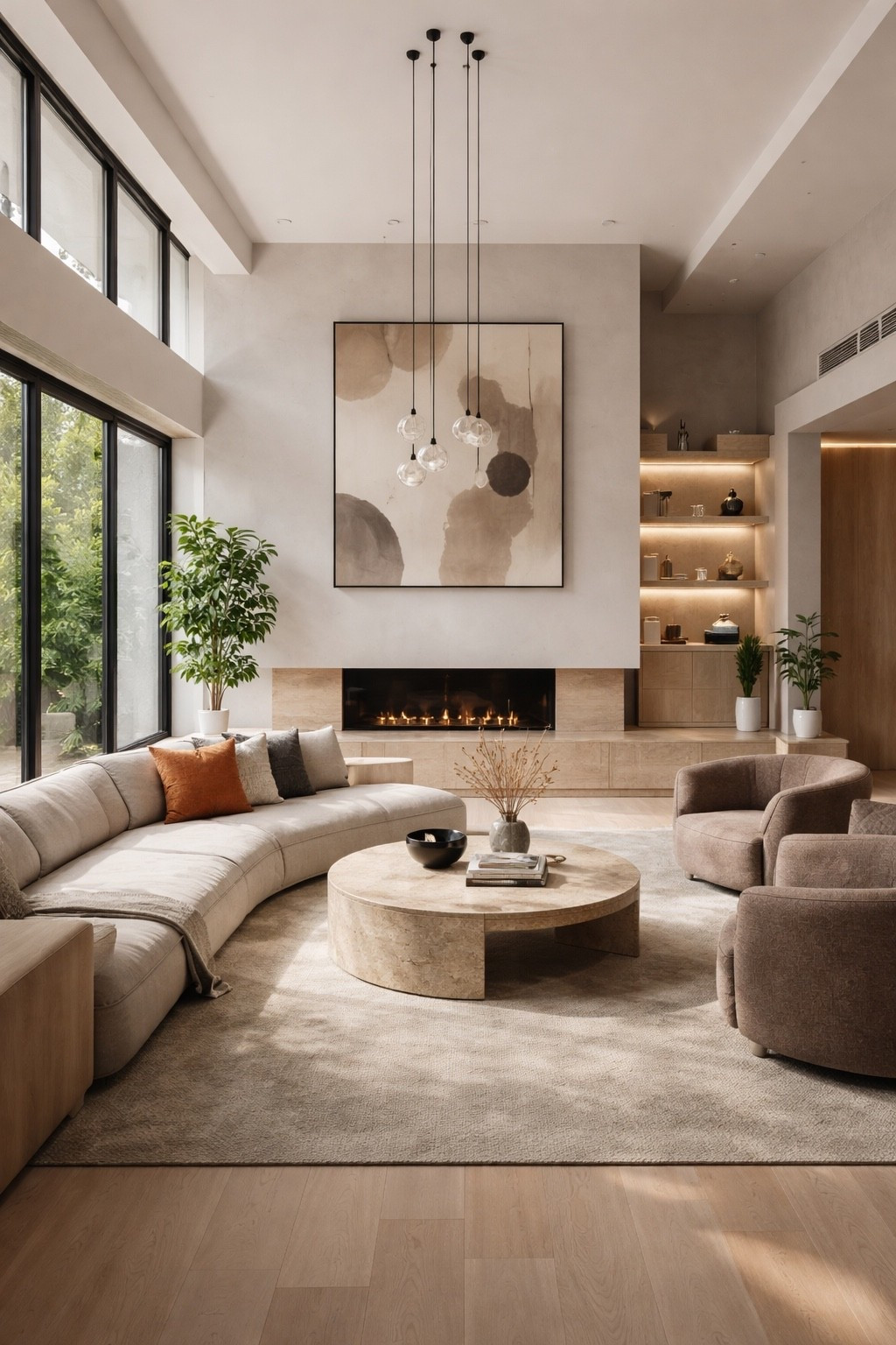 A warm and elegant living room featuring a curved sectional sofa, round stone coffee table, and a modern fireplace with built-in shelves. Soft neutral tones, natural textures, and minimalist decor create a calm and sophisticated space perfect for contemporary homes. Large windows bring in natural light, enhancing the cozy yet luxurious atmosphere of this modern living room design.

#luxurylivingroom #modernlivingroom #neutraldecor #curvedsofa #minimalistinterior #luxuryinterior #modernhome #livingroomdesign #interiordesign #cozylivingroom #modernluxury #neutralinterior #livingroominspo #homedecor #interiorinspiration