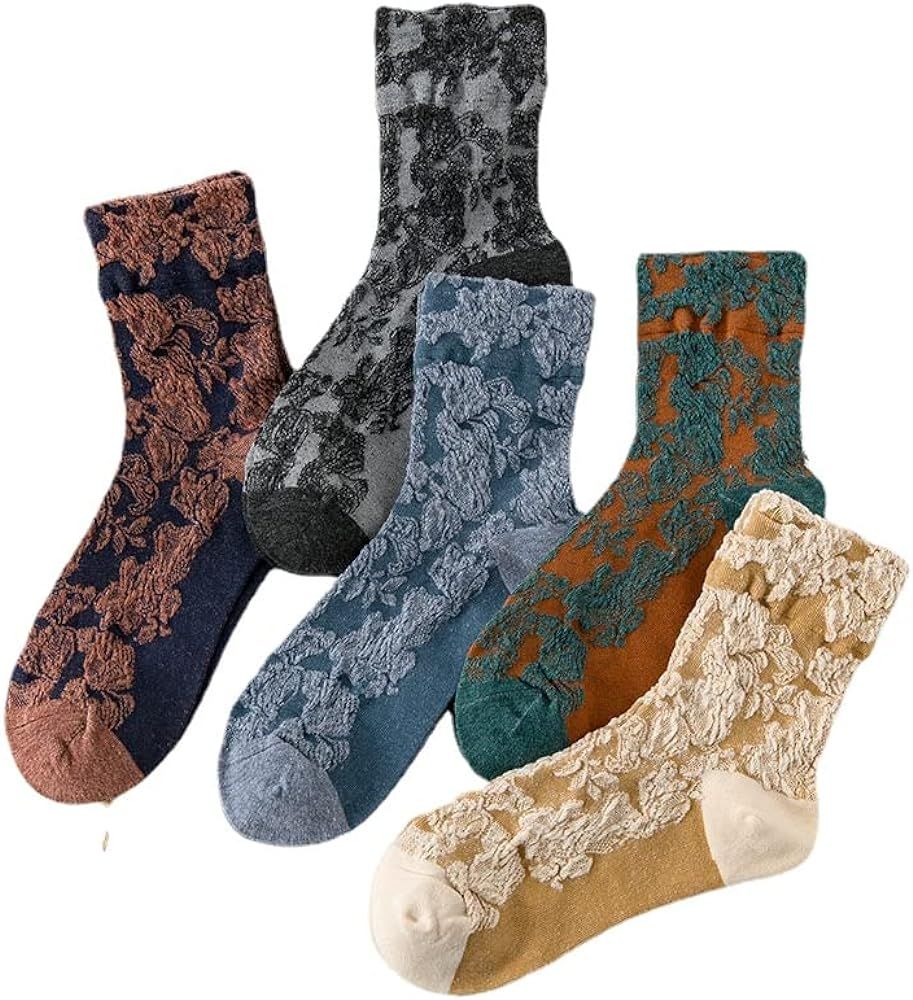 5 Pairs Women Vintage Floral Ethnic Jacquard Cotton Socks Y2K Fairycore Indie Crew Socks Ankle Dr... | Amazon (US)