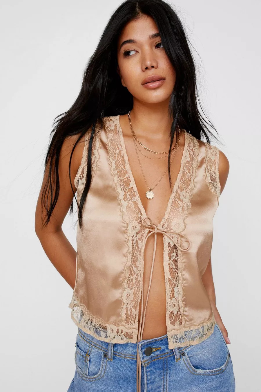 Satin Lace Trim Tie Front Waistcoat | Nasty Gal US