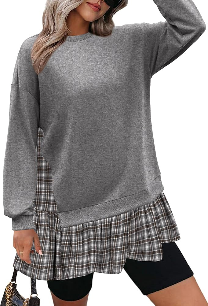 Zeagoo Women Oversized Sweatshirt Plaid Patchwork Dress Long Sleeve Crewneck Loose Pullover Tops ... | Amazon (CA)