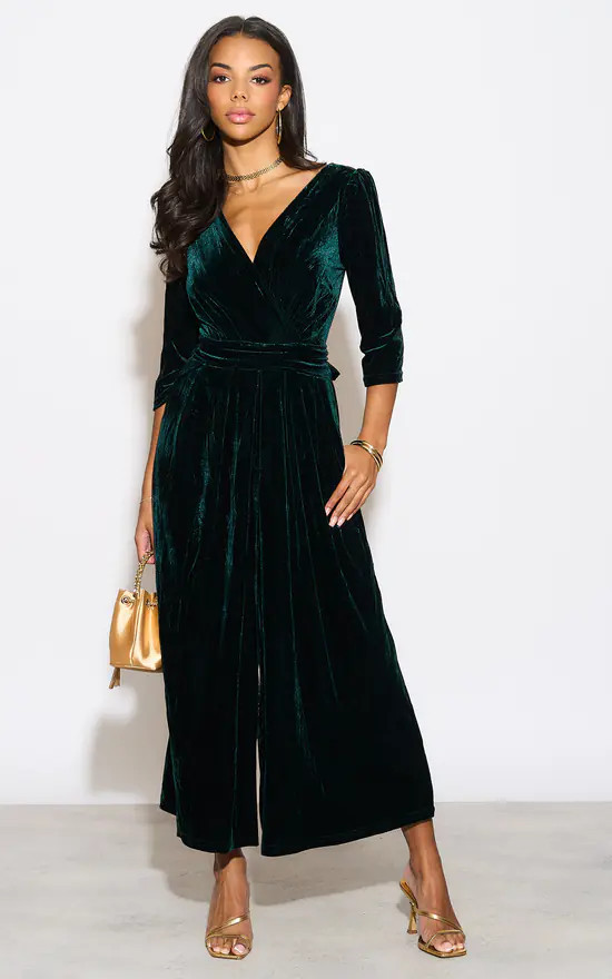 Sophia Wide Leg Jumpsuit Velvet  Green | Sarta | SilkFred | SilkFred