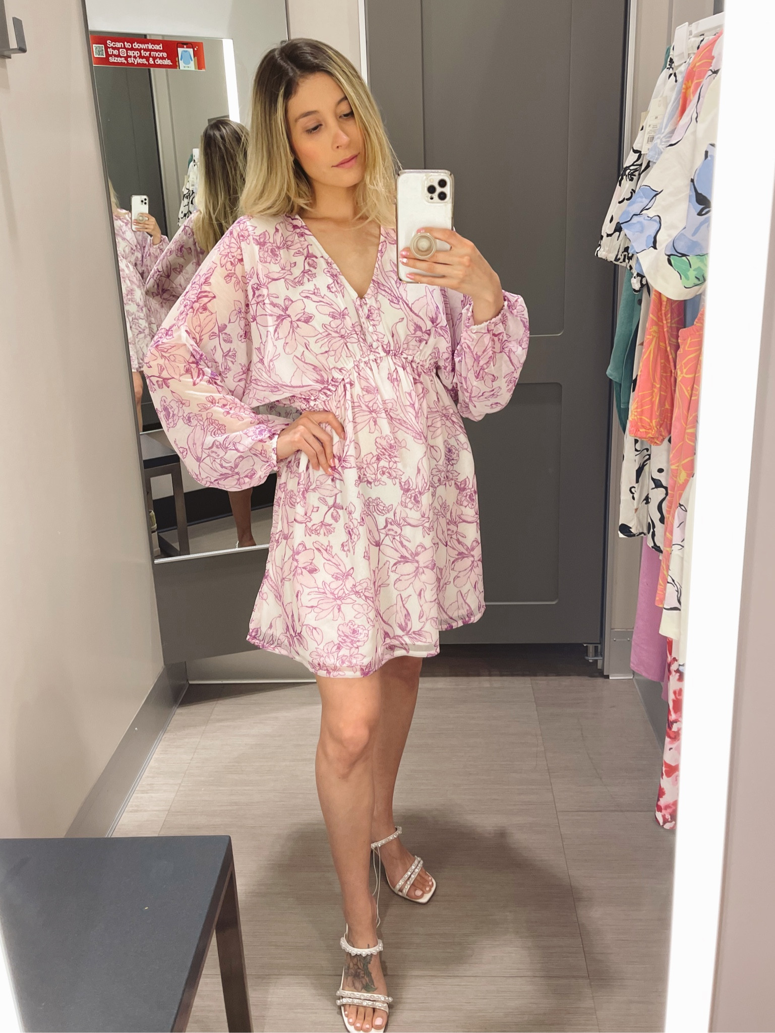 Women's balloon sleeve mini dress. Target dress. Long sleeve dress with elastic waistline and side pockets. Floral print dress paired with 3 inch mule heels 

#LTKfindsunder50 #LTKSeasonal #LTKstyletip