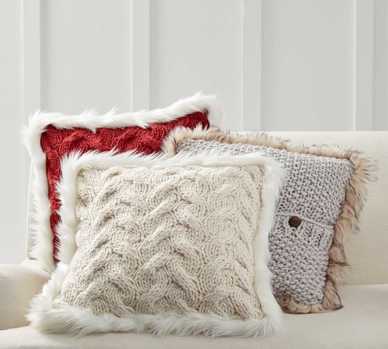 Button Knit Faux Fur Trim Pillow Covers | Pottery Barn (US)