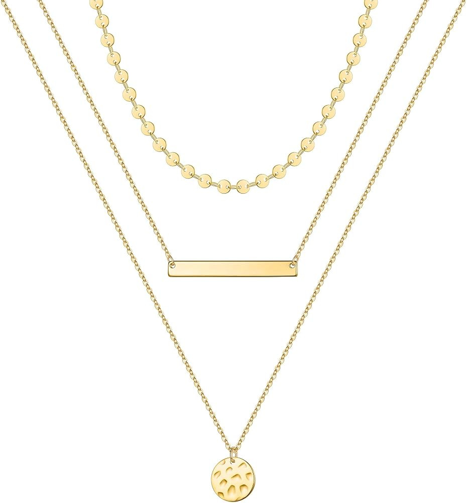Turandoss Gold Layered Necklaces for Women - 14K Gold Plated Handmade Multilayer Bar Pearls Coin ... | Amazon (US)