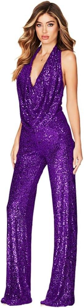 Women's Sexy Halter Cowl Neck Sparkly Jumpsuits Clubwear Sleeveless Elegant Sequins Bodycon Wide ... | Amazon (US)