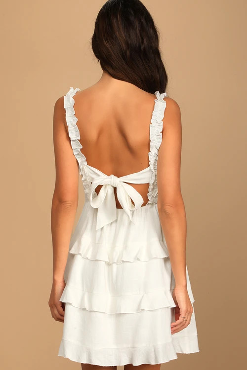 Super Sweet White Smocked Ruffled Tie-Back Mini Dress | Lulus (US)