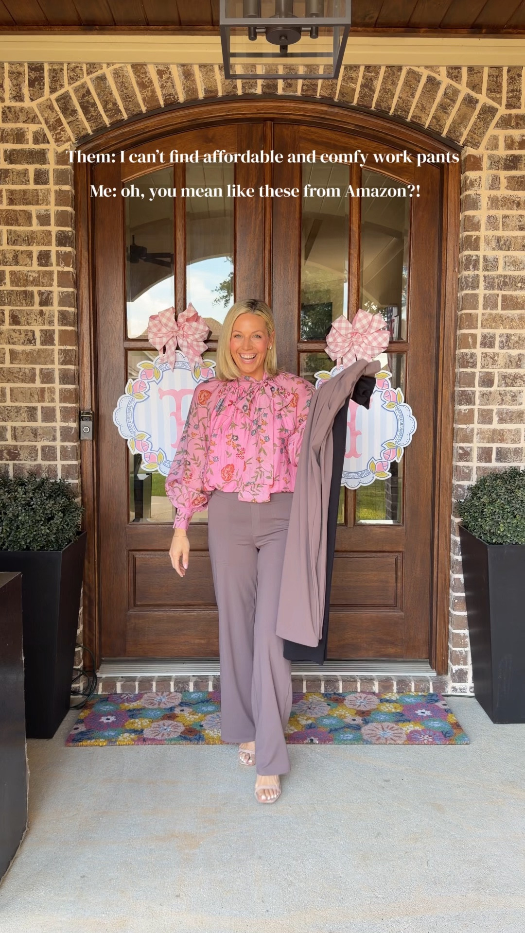 Amazon work pants! Look like trousers but feels like yoga pants!! First 2 pairs wearing size small regular! Taupe pleated pair of pants, size small 27inch inseam and wish I would’ve done the 29inch inseam! 
My tops are Avara size small and my code is Bobbi15 

#LTKootd #LTKstorytime #LTKmomlife