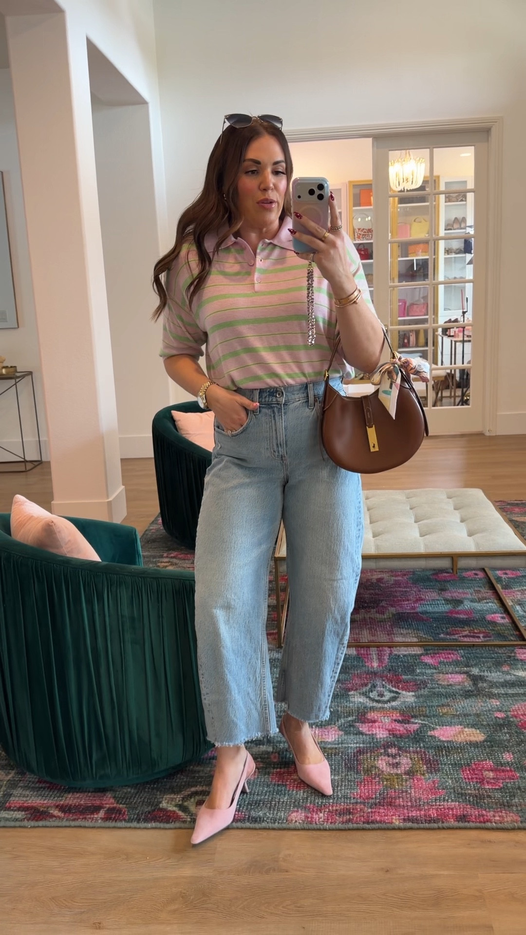 curvy midsize spring casual outfit 🩷💚 wearing size large in pink and green striped polo top (runs big, i could have sized down) and size 29 in light wash barrel denim 

#LTKSeasonal #LTKMidsize