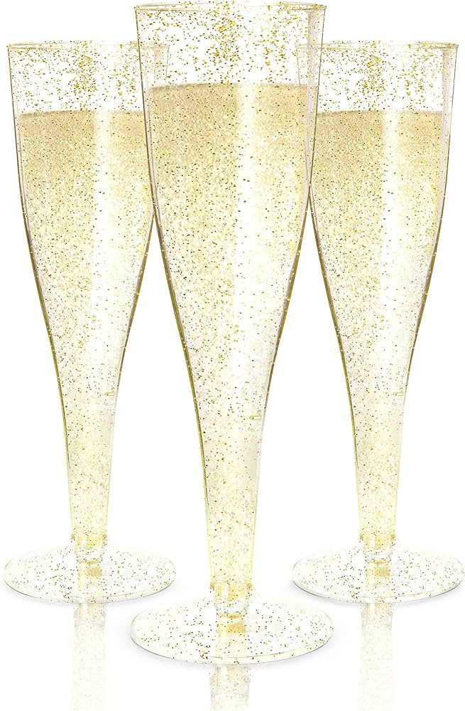 Prestee 48 Pack Champagne Flutes Plastic Disposable - Gold Glitter Flute Glasses for Champagne, M... | Amazon (US)