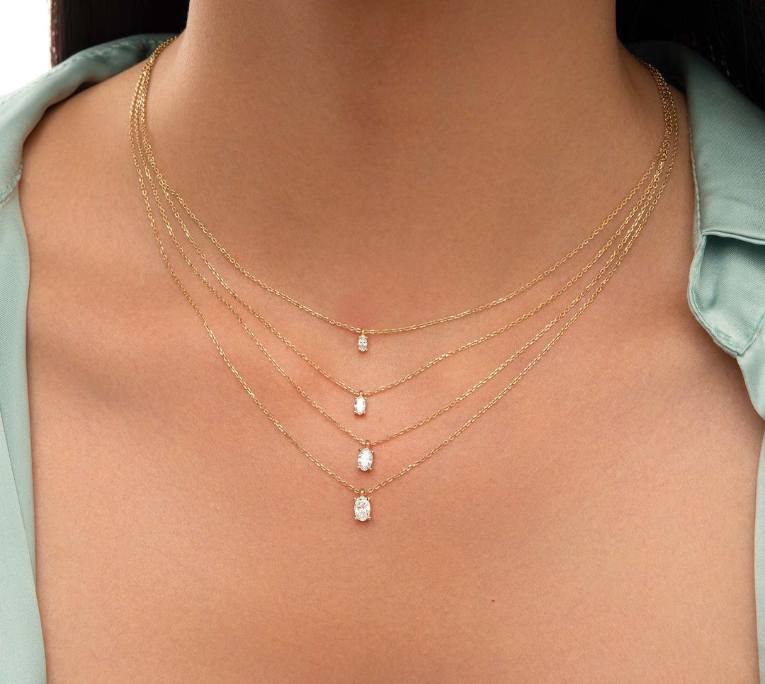 Oval Diamond Solitaire Necklace / 14k Dainty Diamond Necklace / Real Diamond Oval Diamond Pendant... | Etsy (EU)
