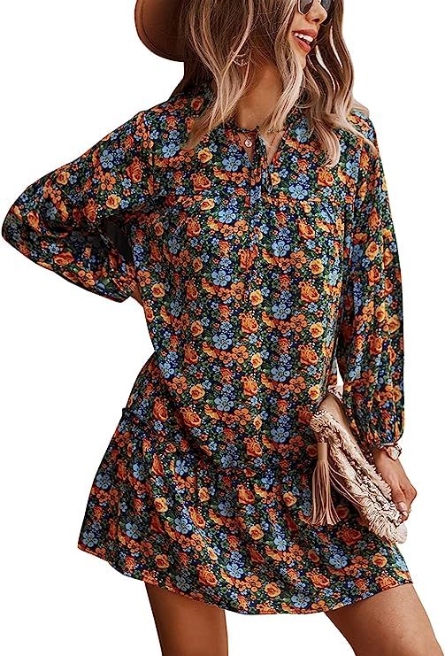 KIRUNDO Women's Long Sleeve Tie Neck Ruffle Floral Print Boho Dresses Casual Loose Pleated Swing ... | Amazon (US)