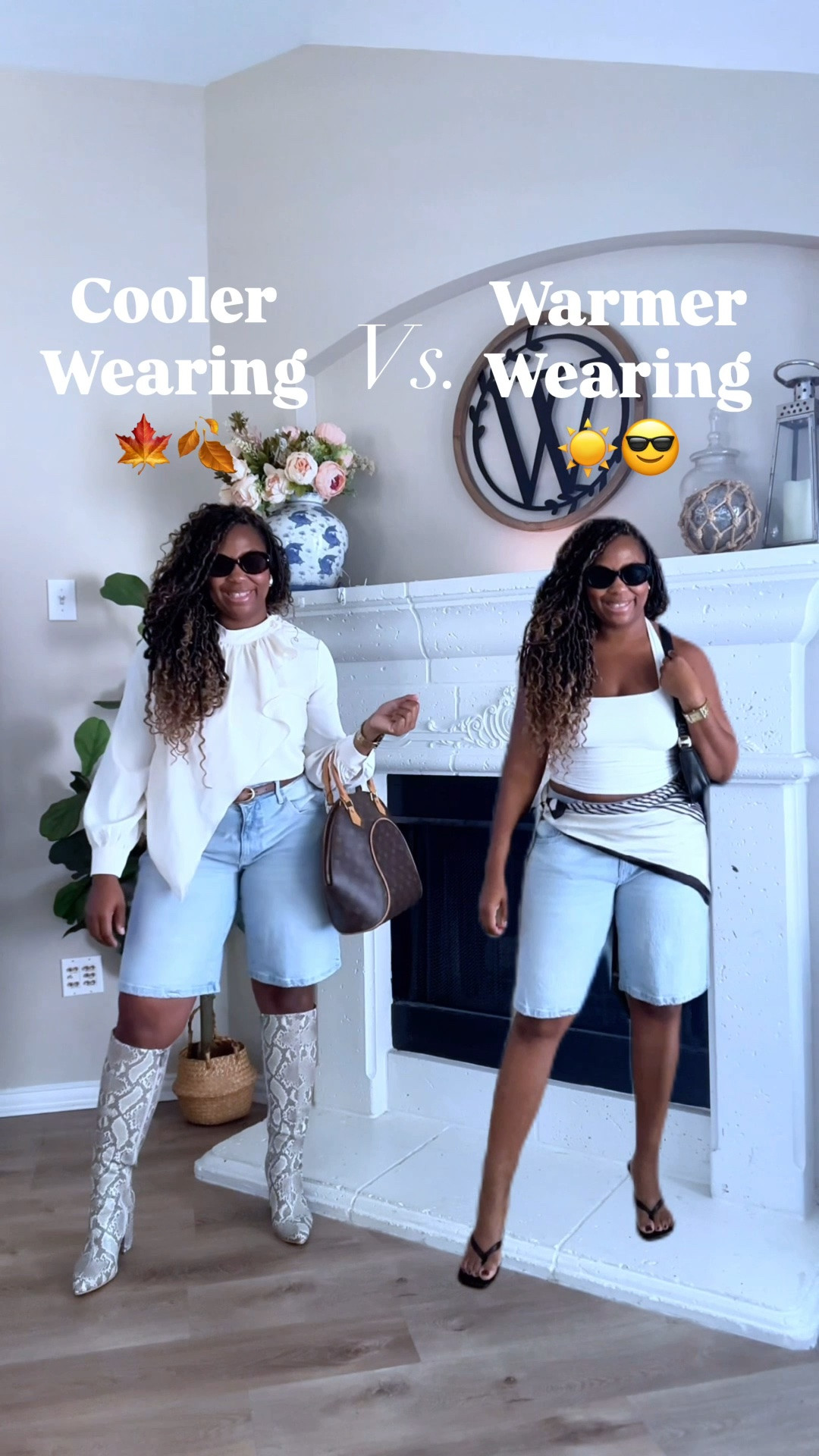 Which look do you prefer?

- The long sleeve blouse wasn’t available on my LTK so I added a ShopMy link to the post. 
 
- also the snake skin boots are a few years old from Amazon, but I added similar options. ￼

Bermuda short outfits for summer and fall!
