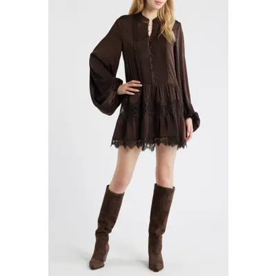 Bardot Antonia Lace Trim Long Sleeve Satin Minidress in Mulberry at Nordstrom, Size 12 | Nordstrom